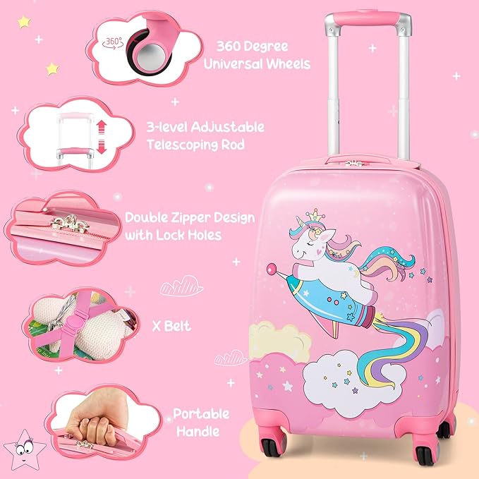 HONEY JOY Kids Luggage, 12" Toddler Backpack & 18" Travel Suitcase with Wheels, Lightweight Toddler Girls Suitcase, Durable ABS Hardshell, 2Pcs Carry On Luggage Set for Boys Girls