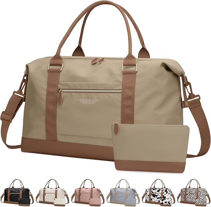 Travel Duffle Bag for Women, Weekender Bags, Hospital Bag for Labor Delivery, Lightweight Tote Duffel Overnight Bag with Luggage Sleeve, Airplane Travel Bags with Toiletry Bag, Large, Khaki