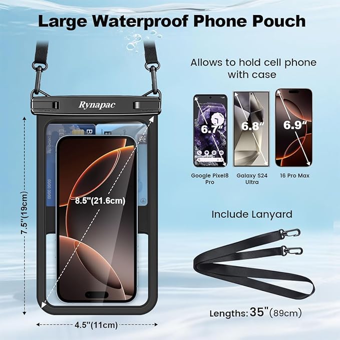 Waterproof Phone Pouch - 8.5in Waterproof Phone Case with Lanyard, IPX8 Cell Phone Dry Bag Beach Essentials for iPhone 16 15 14 Pro Max, Galaxy S25 S24 Ultra, 2 Pack