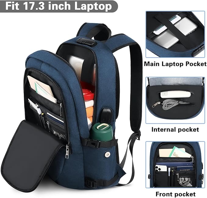 AMBOR 15.6-17.3 Inch Laptop Backpack, Anti Theft Business Travel Backpack with USB Charging Port and Headphone Interface, Water Resistant Computer Bag for Men & Women, Blue
