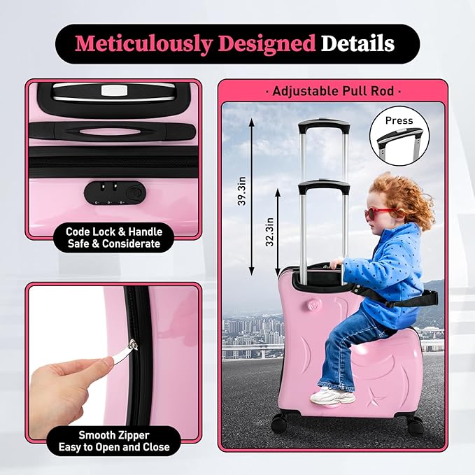 CNCEST 20" Kid's Ride-on Travel Suitcase,Rolling Luggage with Wheels Carry Trolley Luggage with Password Lock,Children's Ride On Trolley Luggage for Children's Day Gift,Festival Gift