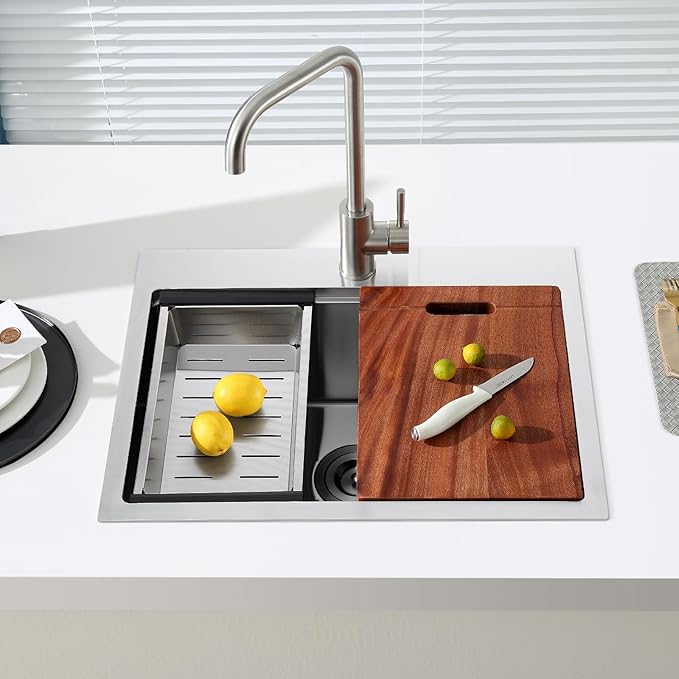 POPFLY 25 Inch Drop In Kitchen Sink, 25×18 Drop In Workstation Sink 18-Gauge 304 Stainless Steel Single Bowl Top mount 9-Inch Deep Handmade Farmhouse Sinks with Cutting Board and Strainer, Brushed