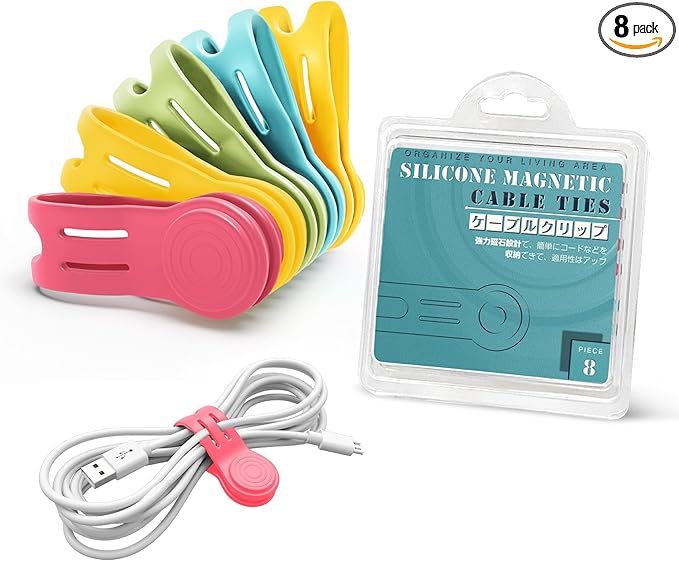 Kanemc Magnetic Cable Organizer For Cords, Cord Wrap Silicone Zip Ties Twist Ties Magnet Strap For Smartphone Charger Earphone Video Game USB C Cables (Macaron Color, S-size)