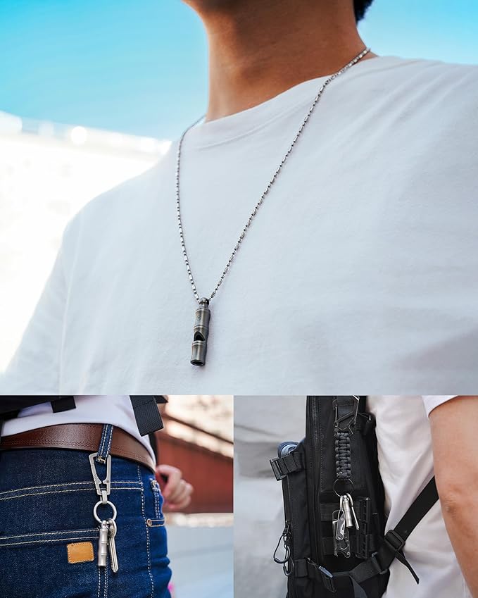 KeyUnity Titanium Emergency Whistle with Metal Lanyard, 120dB+, One-Piece Outdoor Survival Whistle, Ultra-Light, Rustproof