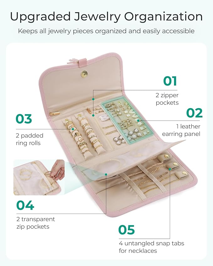 BAGSMART Travel Jewelry Organizer for Women, Foldable Jewelry Storage Roll for Earrings, Necklaces, Bracelets, Earrings, Brooches, Fashion Black