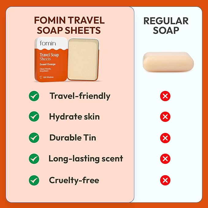 FOMIN - Antibacterial Paper Soap Sheets Tin for Traveling - (100 Sheets) Orange Portable Travel Hand Soap Sheet, Dissolvable Mini Camping Hand Soap for Hand Washing