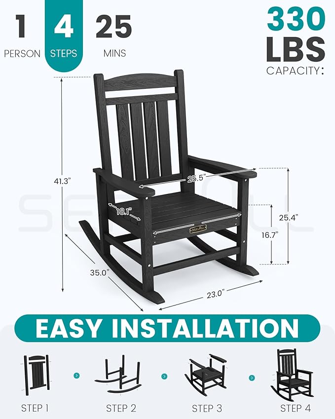 SERWALL Outdoor Rocking Chair, HDPE Patio Rocking Chair All-Weather Porch Rocker for Balcony, Yard, Black