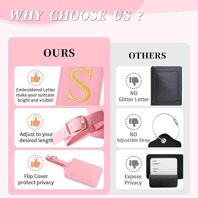 Personalized Initial Luggage Tags for Suitcase, Pink Leather Cute Luggage Tags with Privacy Cover Name Card, Embroidered Custom Monogrammed Luggage Tag Travel Bag Baggage Tags Gifts for Women Kids(S)