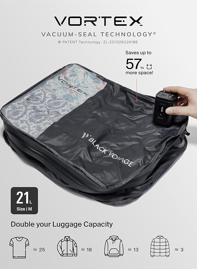 Black Voyage Reusable Vacuum Compression Travel Bag for Carry-On Suitcase and Backpack, Recycled IP67 Waterproof Space Saver Airback Vacpack (1-Pack, 21L - Pump Included)