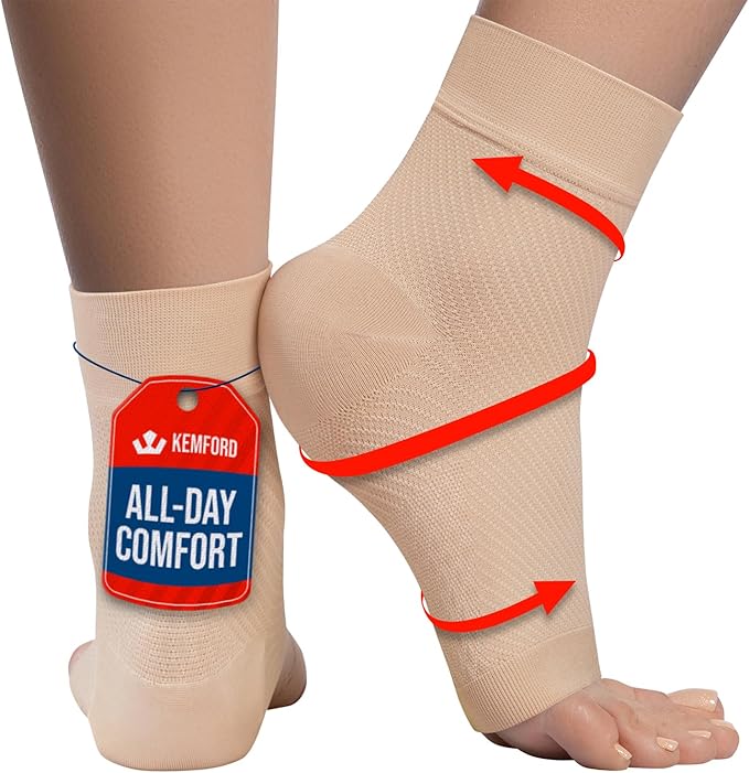 KEMFORD Ankle Compression Sleeve - Plantar Fasciitis Braces - Open Toe Compression Socks for Swelling, Sprain, Neuropathy, Foot Arch Support for Men and Women - 20-30mmhg, XL, Beige