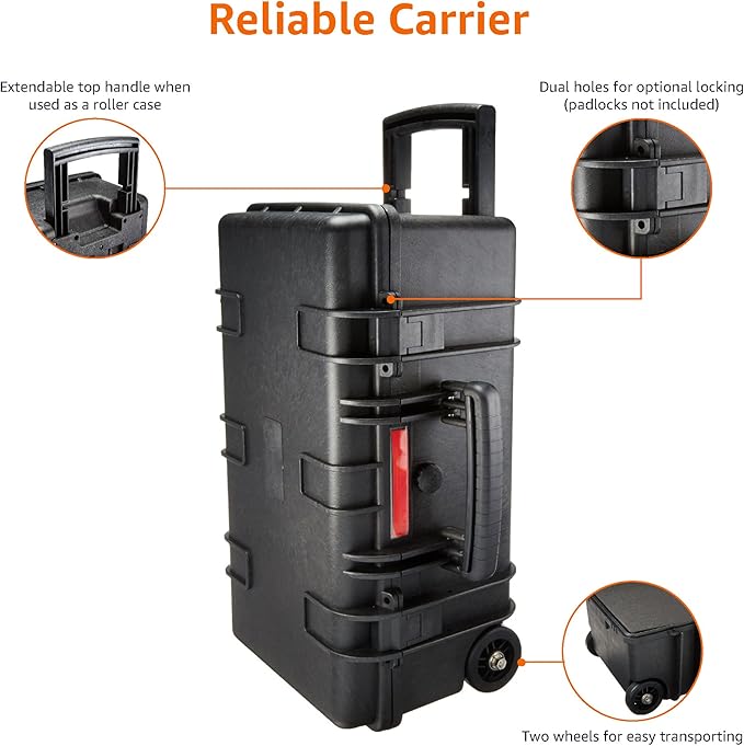 Amazon Basics Hard Camera Case with Wheels, Large, Black, Solid, 22"L x 14"W x 9.8"H