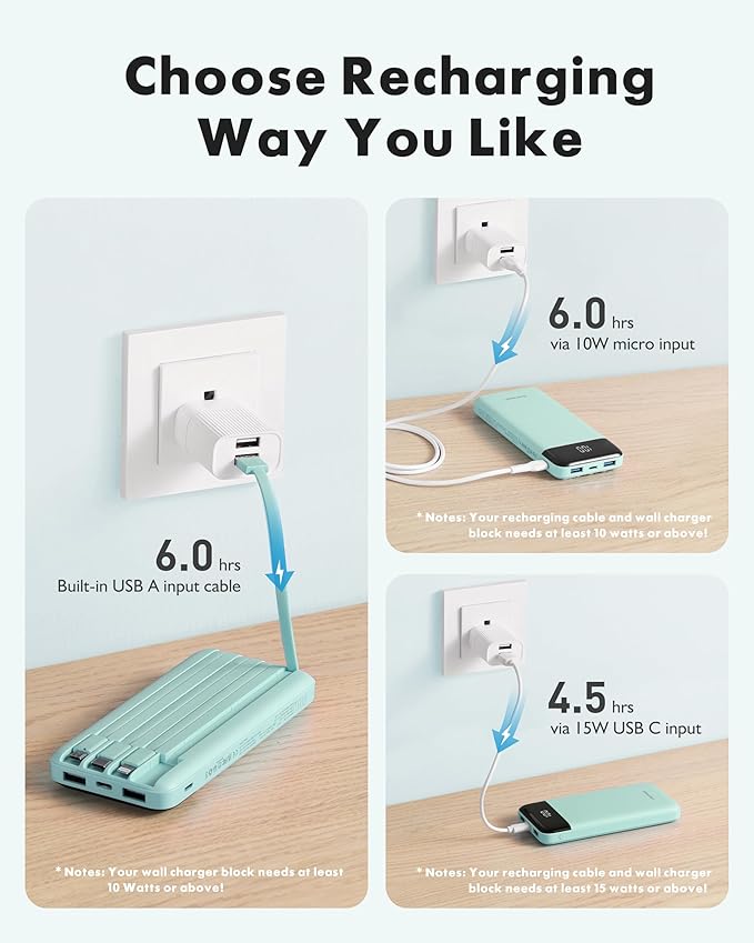 charmast Portable Charger with Built in Cables, Power Bank with Cords Wires, Slim 10000mAh Travel Battery Pack 6 Outputs 3 Inputs 3A Fast Charging for Samsung Google Pixel LG Moto iPhone iPad