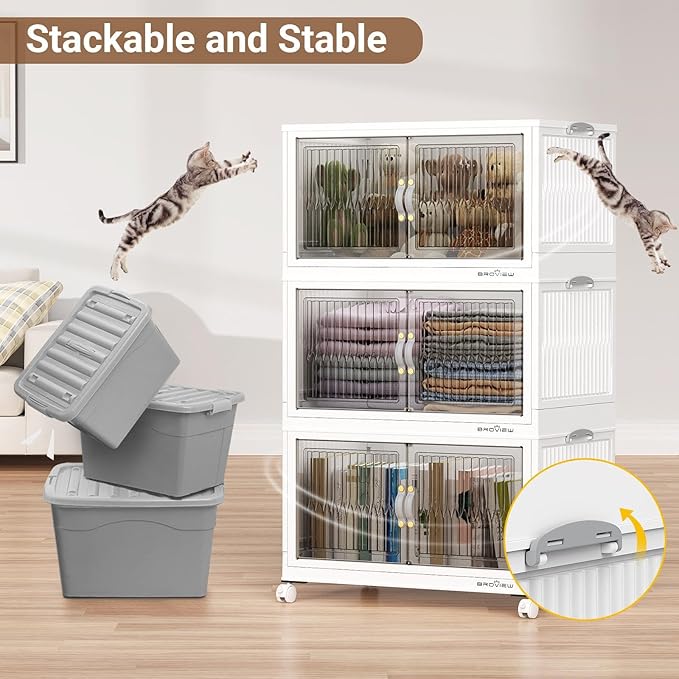 BROVIEW 400Qt Stackable Storage Bins with Lid, Extra Large Closet Organizer Collapsible Drawer Boxes with Wheels, Folding Plastic Cabinet Containers for Home Kitchen Room Organization, 4Pack White
