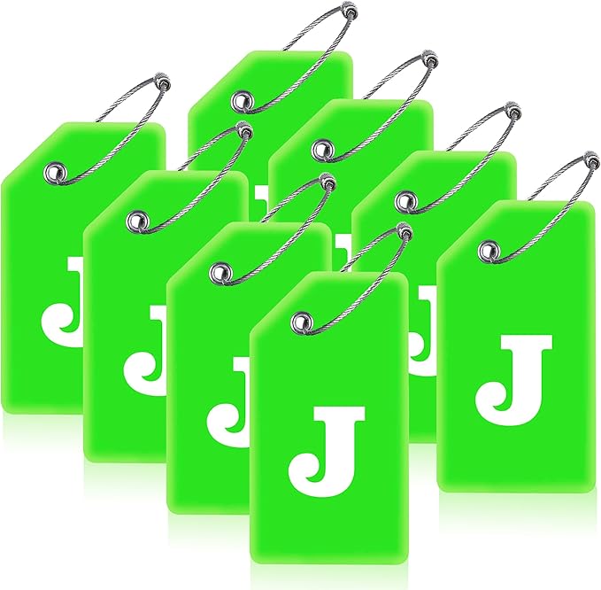 8 Pcs Luggage Tags for Suitcases, 26 Initial Letter Travel Luggage Baggage Identification Labels ID Tags Fully Bendable Tags with Stainless Steel Loop (Letter J, Green)