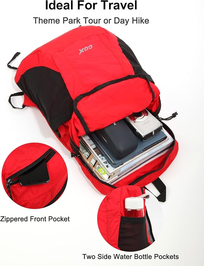 GOX Foldable 20l Backpack For Travel Lightweight Hiking Packable Daypack for Men Travel Camping Outdoor Bag Women (Red)