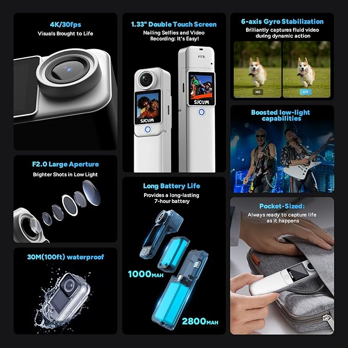 SJCAM C300 Pocket Action Camera 4K,7Hour Power, 6-Axis Stabilization, Dual-Touch Screen Body Camera,30M Waterproof, Vlogging and Live Streaming,with Accessories Kits,Black,Gifts with 64G Card