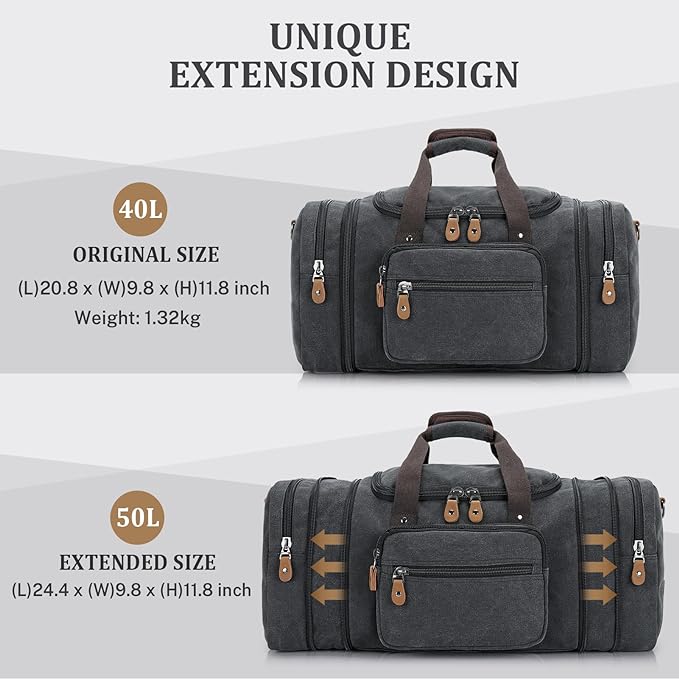 Gonex Canvas Duffle Bag for Travel 50L Expandable Duffel Weekend Overnight Bag men (Dark Gray)