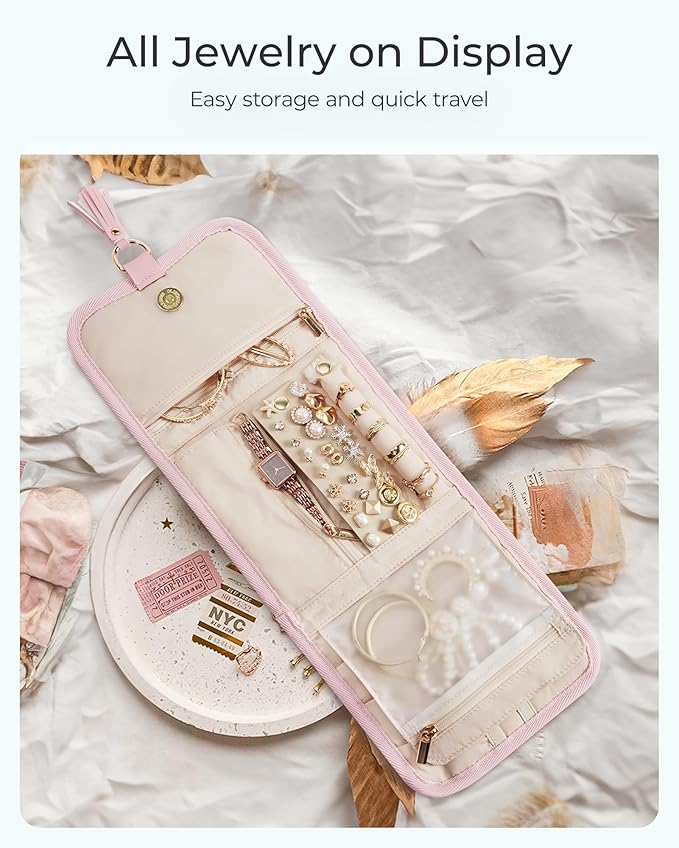 BAGSMART Travel Jewelry Case Organizer, Roll Foldable Jewelry Case for Journey-Rings, Necklaces, Earrings, Bracelets, Brooches, Min, Pink