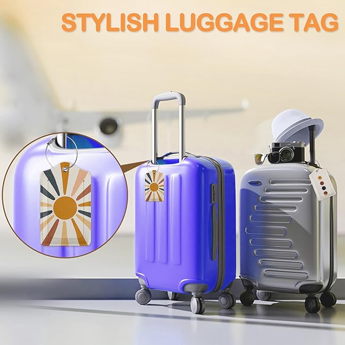 Boho Color Sunburst PU Leather Luggage Tags for Suitcase, Abstract Desert Travel Cruise 3 Pack with Privacy Flap, Name ID Label and Metal Loop for Women Men Girls Baggage Bag Backpack