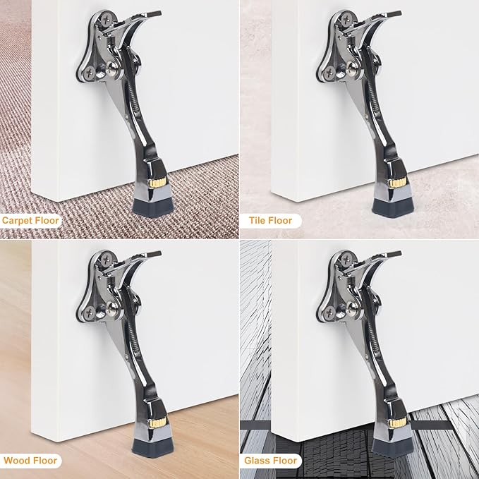2 Packs Heavy Duty Kickdown Door Stopper, One Touch Adjustable Kickdown Door Stop for Heavy Doors, 4 in Metal Door Kickstand with Rubber Tip & Wall Protectors for Wide Doors- Sliver