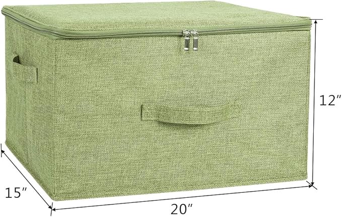 ANMINY 3PCS Storage Bins with Zipper Lids 51.9 Qt Lidded Fabric Storage Boxes Baskets Cubes with Handles Collapsible Washable Cotton Linen Closet Shelf Clothes Organizer - Green, Extra Large