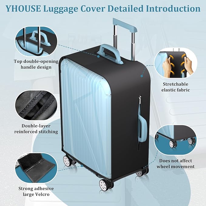 Upgraded Transparent TPU Luggage Cover Protector with Black Stretchable Sides, Fit 24 Inch Wheeled Case TSA Approved, Waterproof & Anti-Scratch, Includes Free Red Luggage Tag