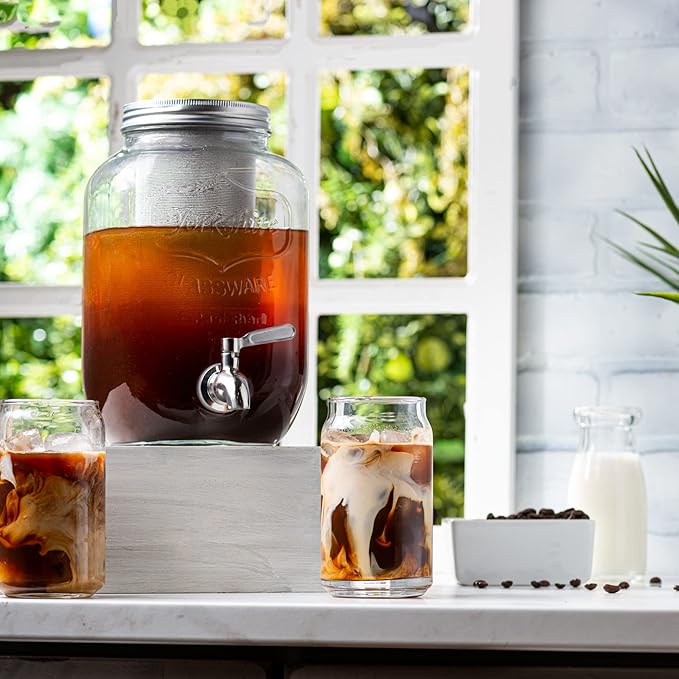 1 Gallon Cold Brew Coffee Maker - 3rd Generation Fine Mesh Filter - Stainless Steel Spigot - Extra Thick Large Glass Mason Jar Drink Dispenser Carafe, Iced Coffee Maker & Sun Tea Pitcher with Infuser.