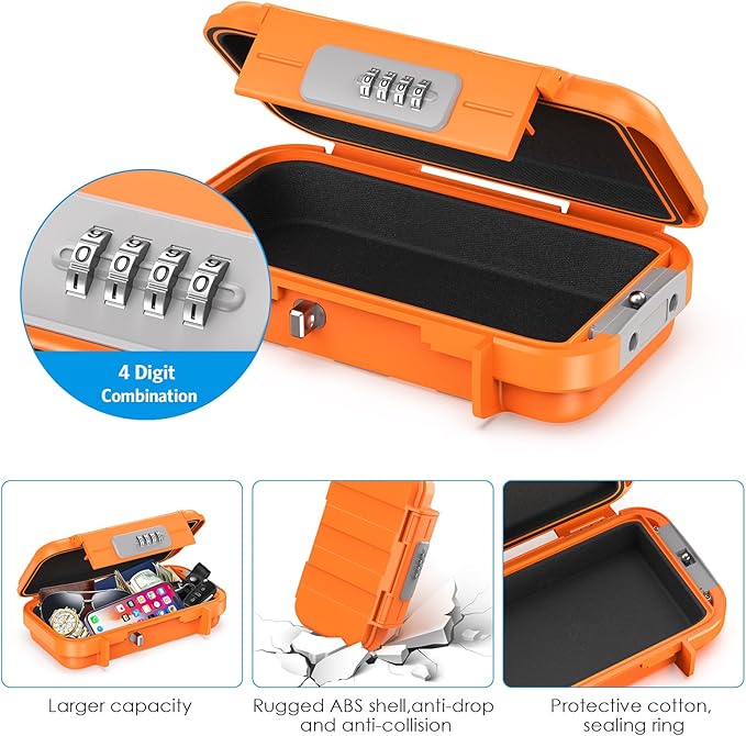 AMIR Portable Combination Lock Box, Security Case Lock Box with Code, Waterproof Anti-Theft Mini Travel Safe Box with Removable Chain, Portable Lock Box for Dorm Beach Hotel