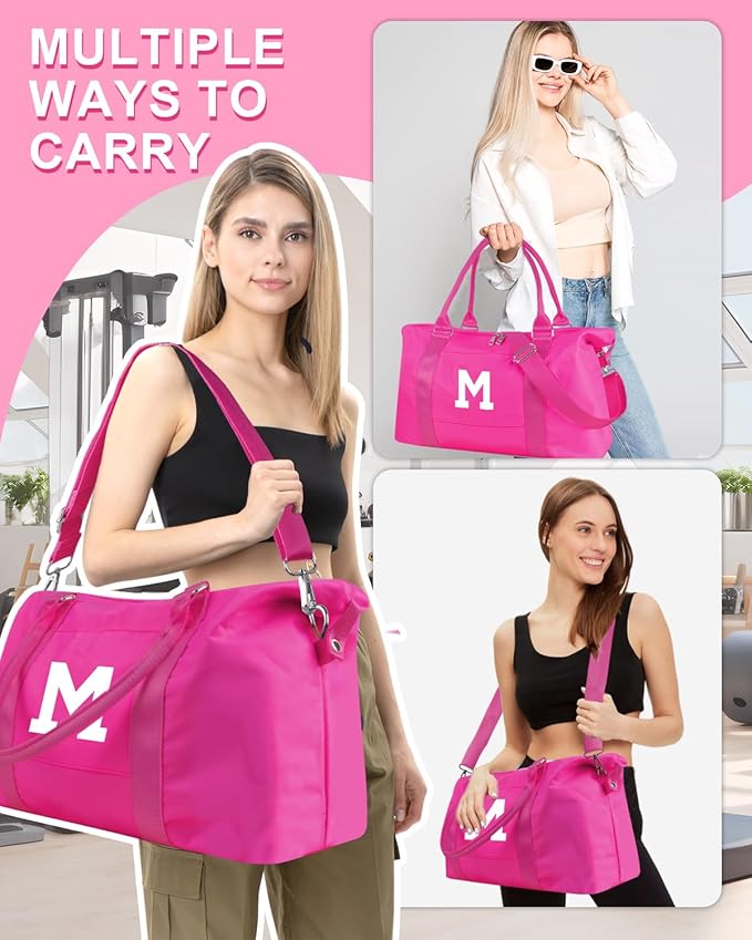 Overnight Bag for Kids Teen Girls Weekender Dance Bag Birthday Graduation Gifts,Initial Travel Duffel Bag Sports Gym Bag Personalized Weekender Bag Carry On Bags Preppy Gifts for Women(Hot Pink, M)