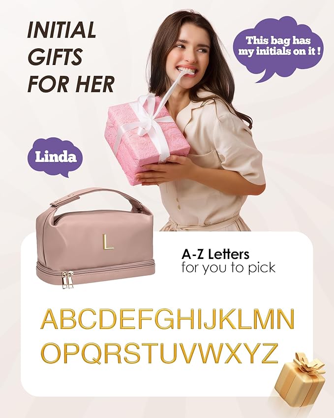 Customized Gifts-Women Gifts, Personalized Makeup Bag with Handle, Initial Double Layer Cosmetic Bag with Makeup Brush Organizer, PU Leather Travel Toiletry Bag, Gifts for Friends Female Mom