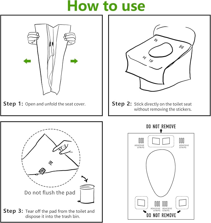 TenFans Toilet Seat Covers Disposable - 30 Count Individually Travel Pack - Sticker Free Faster Use - Waterproof XL Covers for Adults and Kids - Travel Accessories Public Restrooms, Camping, Airplane