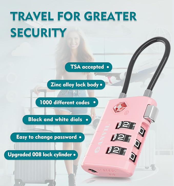 ANVIL TSA Approved Luggage Locks – High Security TSA008 Combination Travel Locks with Inspection Indicator for Suitcases and Backpacks. (4, Pink)