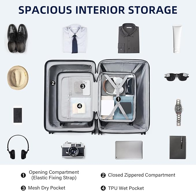 Hard Shell Suitcases Expandable Travel Luggage Sets 2 Piece, Carry on and Check in Luggage Lightweight Suitcase Set 2 Piece with Wheels Cup Holder Charger Built in (Black, 20/28)