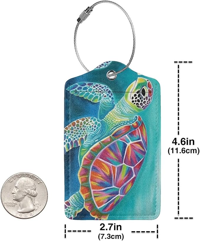 Sea Turtle Leather Luggage Tag with Stainless Steel Ring, Fun Name Id Card Cover Travel Bag Tag Set, Suitable for Travel Bag Luggage Women Men 2 PCS