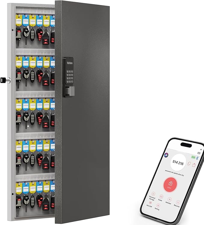 WeHere 120 Key Lock Box Wall Mount, APP Bluetooth/OTP/Wi-Fi/Fixed Code/Key Unlock, Smart Key Cabinet with Key Tag, Key Organizer Holder Box, Key Management Directory for Office, Valet, Realtor, Hotel