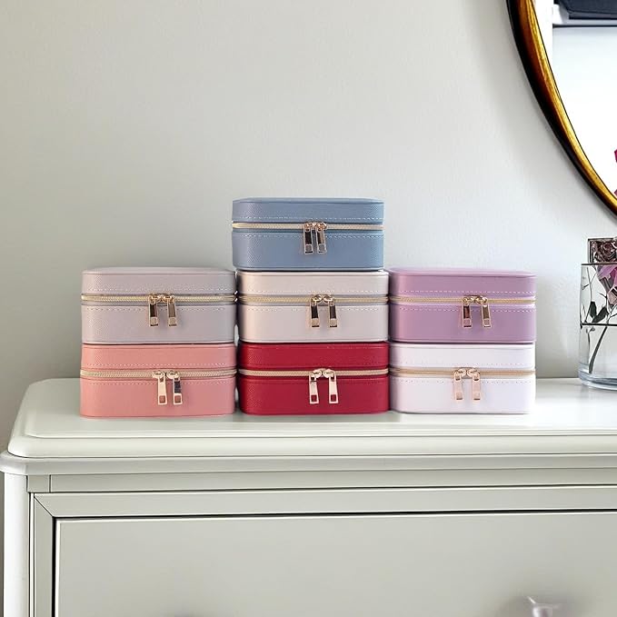 Small Jewelry Travel Case For Womens Small Rectangle PU Leather Jewelry Box With Zipper 2.56" H Portable Travel Jewelry Case For Big Earring Rings Necklaces Bracelets White Jewelry Gifts Box