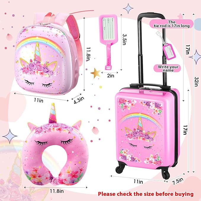 Sanwuta 4 Pcs Kids Luggage Set Kids Backpack Travel Rolling Suitcase with Wheels U-shape Pillow Childrens Gift for Girls Boys(17 Inch,Unicorn Rainbow Style,Pink)
