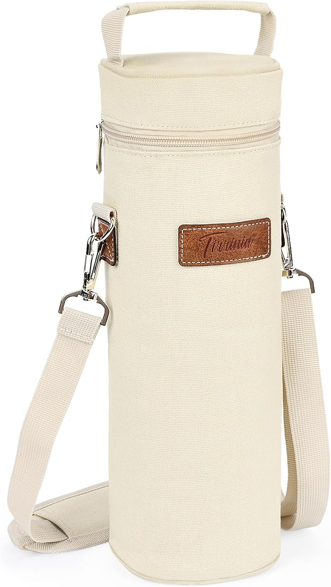 Tirrinia Single Wine Cooler Bags - Insulated & Padded Portable Wine Gift Tote Carrier for Travel, BYOB Restaurant, Wine Tasting, Party, Great Gift for Wine Lover, Beige