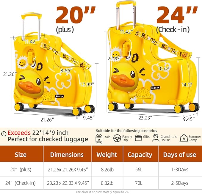 Kids' Lightweight Ride on Luggage with Spinner Wheels & Foldabe Design (Yellow Good, 20"+ Aged 1-3 Toddler)