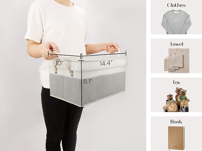 LoforHoney Home Fabric Storage Bins with Lids for Organizing, Foldable Closet Storage Boxes for Shelves, Clothes Baskets with Cotton Rope Handles, Large, Beige & Gray, 2-Pack