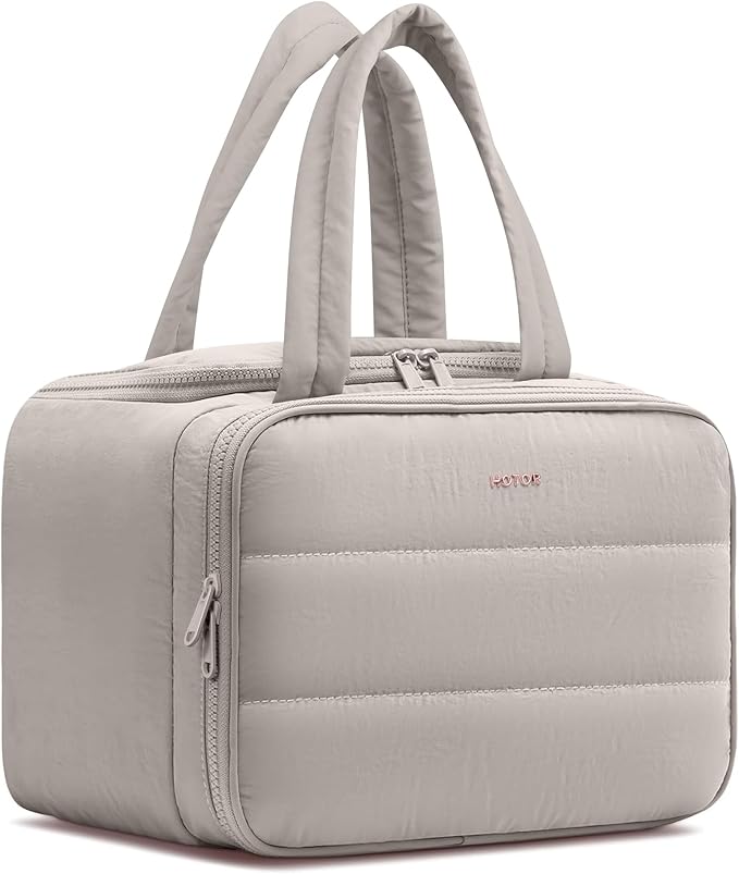 HOTOR Travel Toiletry Bag - Wide-Open Toiletry Bag for Women, Multi-Pocket Makeup Bag for Travel Essentials, Wet & Dry Separation Travel Accessories for Trip, Gym, 11.4" x 5.9" x 8.3", Light Taupe