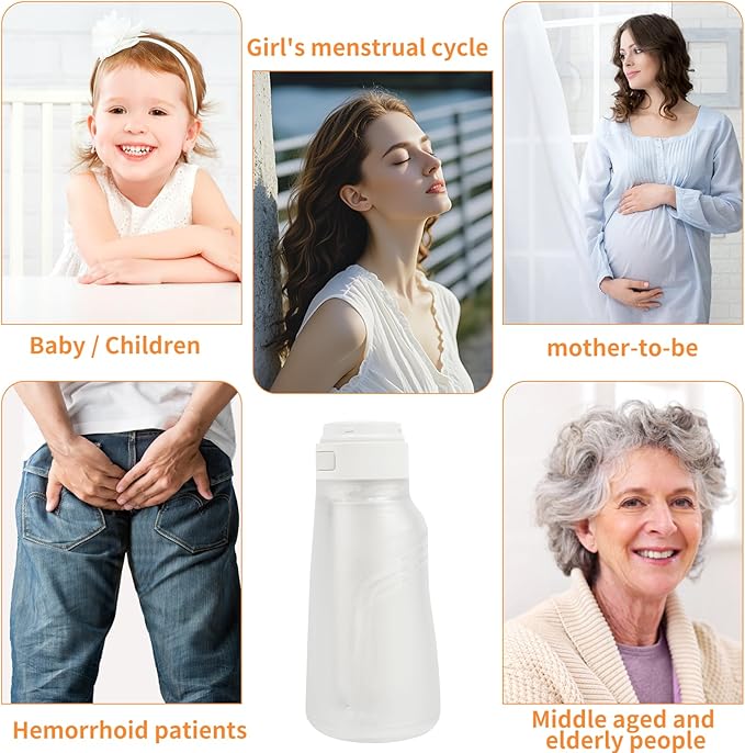 Portable Bidet, Electric Rechargeable Women's Perineal Bottle, 400ml Water Tank, 3 Pressure Modes, with 2 Replaceable Nozzles, Suitable for Men, Women, Babies and Postpartum Cleaning (White)