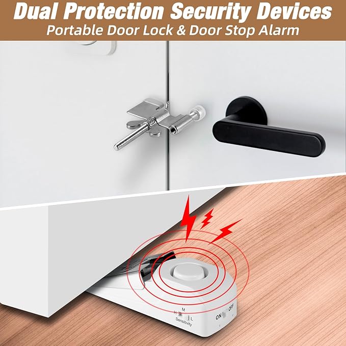 Door Stop Alarm and Adjustable Portable Door Lock Provide Double Security for Home, Hotel and Traveling (1 Door Lock + 2 Door Stop)