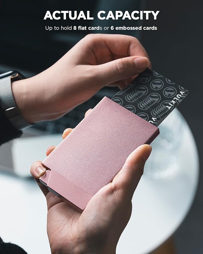 VULKIT Pop up Card Holder Minimalist Credit Card Holder RFID Blocking Slim Metal Card Case for Men or Women(Rose Gold)