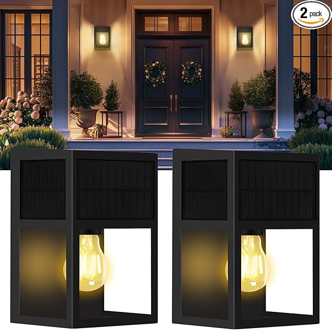Outdoor Solar Wall Lights, High Brightness Waterproof Lanterns, Porch LED with Stainless-Steel & Tempered Glass, Black Sconce for Door Entryway, Garage, Patio, Yard, Warm White 2Pk