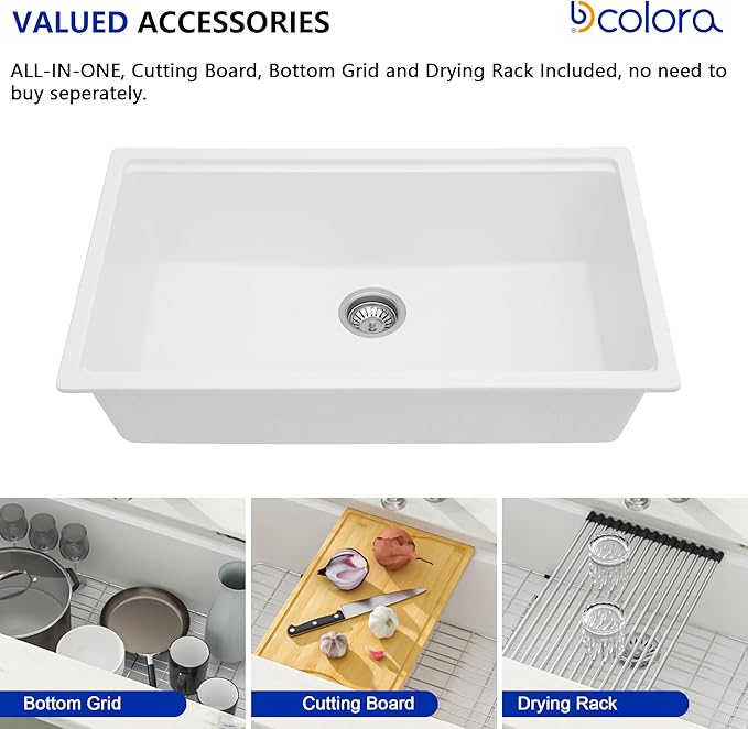 Dcolora 33 Inch White Granite Composite Kitchen Sink Workstation Undermount Single Bowl sink Large Sink For Kitchen,DC-GU2514