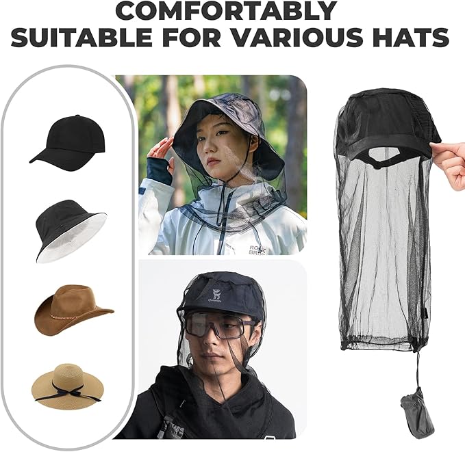 Mosquito Head Net for Insects, Bug Net for Head, Extra Fine Fly Screen Holes for Camping, Fishing,Hiking, Fits All Hats for Men Women
