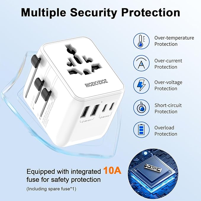 Universal Travel Adapter, RIOZIOZIOZ GaN III Worldwide Portable Adaptor with 70W PD Fast Charging, 7 Ports(2AC Socket&3USB-C&2USB-A), European Travel Essentials for EU/US/UK/AU/JP Power Plug
