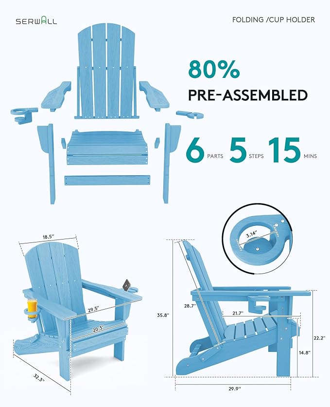 SERWALL Adirondack Chair with Cup Holders - Composite Adirondack Chairs HDPE Outdoor Chairs Set of 2 All Weather Use- Light Blue