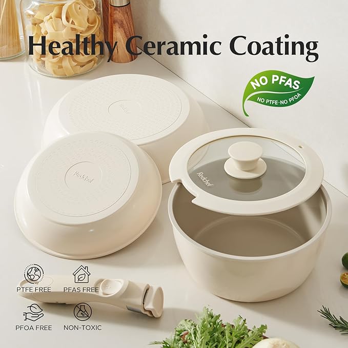 Redchef Ceramic Pots and Pans Set, Nonstick Kitchen Cookware Set with Detachable Handle, Non Toxic Cookware Set 16pcs, PFAS PFOA & PTFE Free, RV Ceramic Cookware for Camping, Dishwasher/Oven Safe
